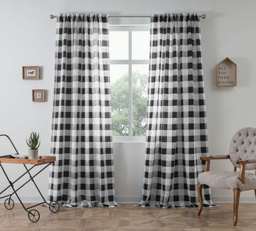 Semi Sheer Buffalo Plaid Check Curtains Rod Pocket Checkered Farmhouse Window Black and White Curtains, 2 Panels