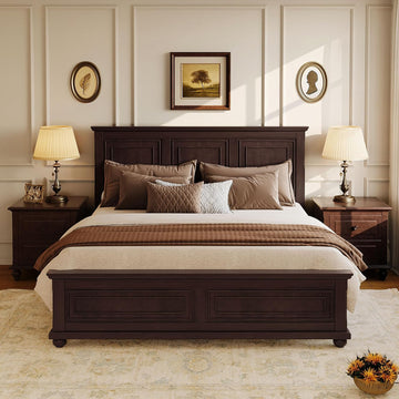 Mid Century Wood Platform Bed Frame, Queen Bed Frame with Headboard, Footboard & Wooden Slats Support, No Box Spring