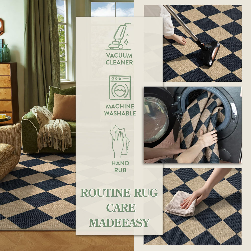 Checkered Easy Jute 3x5 Entryway Front Porch Rug, Black Diamond Indoor Outdoor Patio Layering Rug, Washable Farmhouse