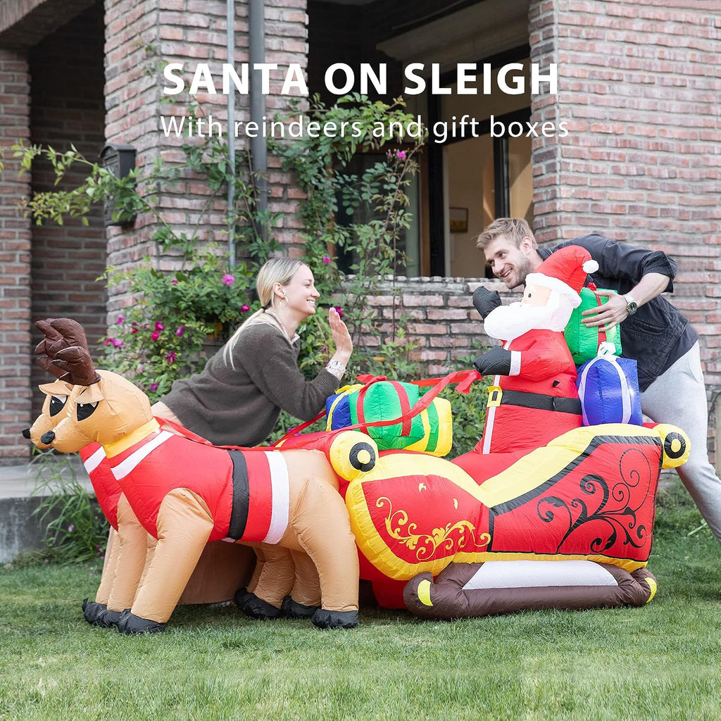 7FT Long Christmas Inflatable Outdoor Decoration, Santa on Red Sleigh, Navidad Blow Up Yard Decor with Built-in LED