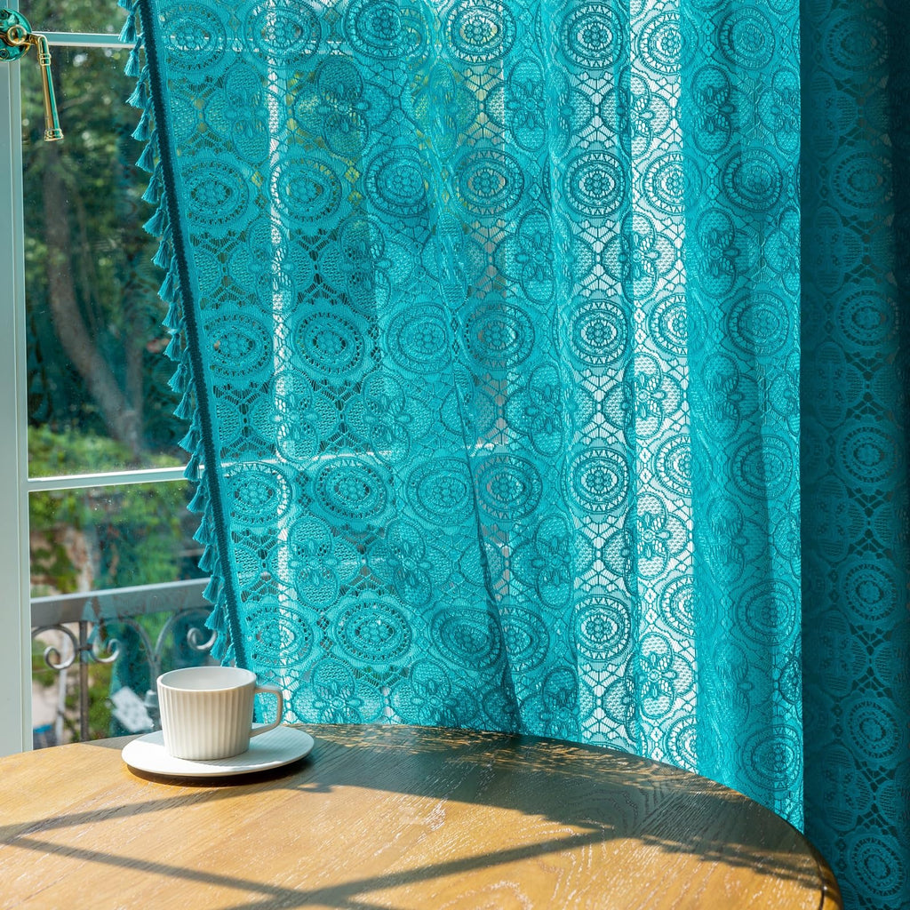 Boho Lace Curtains 84 inch Length, Teal Sheer Window Panels
