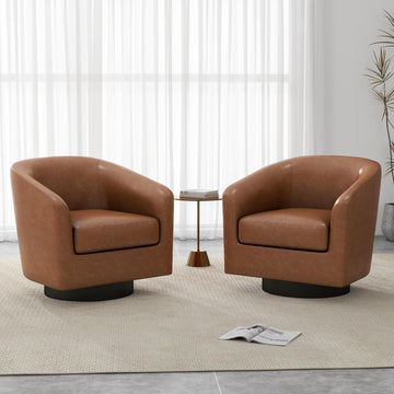 Faux Leather Swivel Accent Chairs, Barrel Armchair, Brown - Set of 2