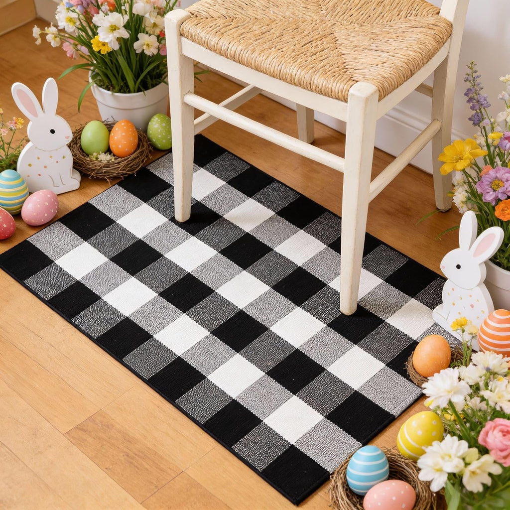 3 Pcs Black and White Striped Rug Buffalo Plaid Outdoor Rug