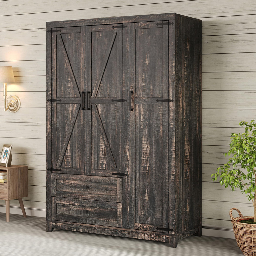 Farmhouse 3 Door Wardrobe Closet with 2 Drawers & Hanging Rod