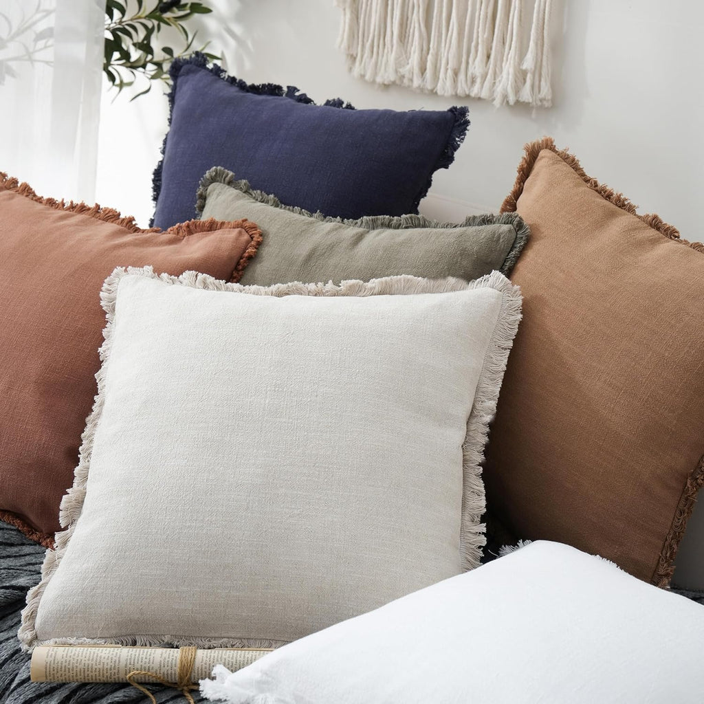 Decorative Linen Fringe Lumbar Throw Pillow Covers Cozy Boho Farmhouse Cushion Cover with Tassel Soft Accent
