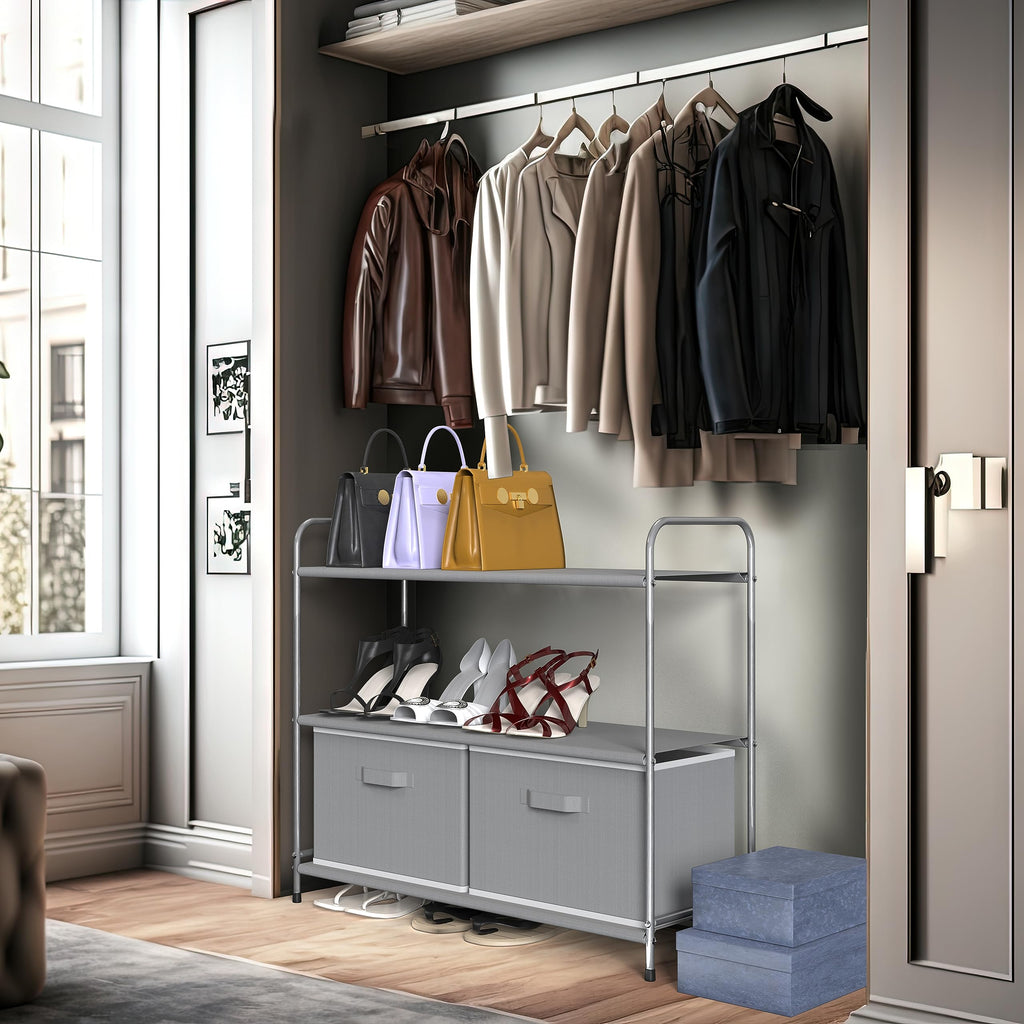 3-Tier Closet Storage with 2 Drawers, Grey