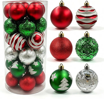 Shatterproof Red Green White Christmas Ornaments Tree Decorations - Set of 30