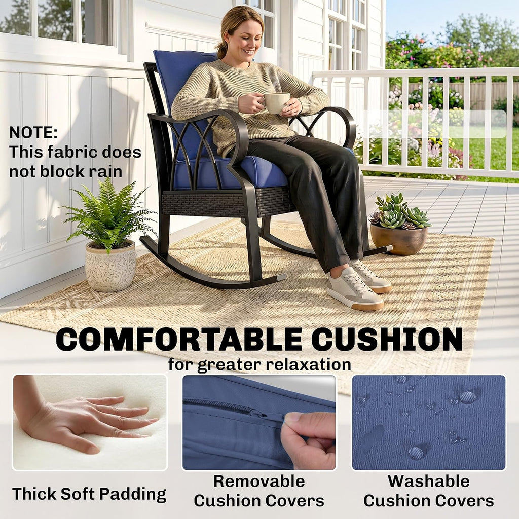 Outdoor Wicker Rocking Chair Padded Cushions Aluminum Navy Blue | Furniture Rattan Porch Rocker Chair, Armrest
