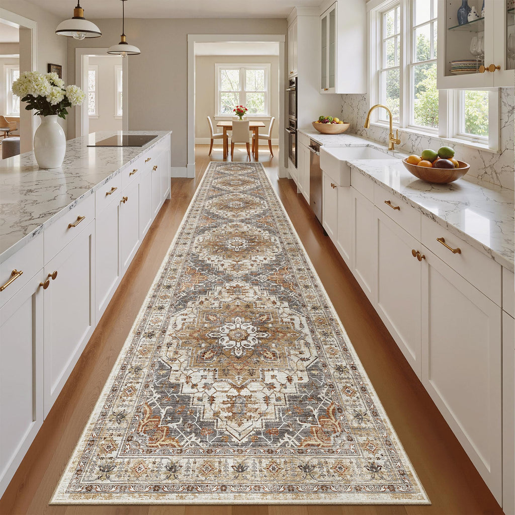 Hallway Runner Rug 2'6''x14' Kitchen Runners Vintage, Turmeric/Grey