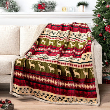 Premium Christmas Sherpa Throw Blanket, Green Red Cabin Design with Reindeer Print, Ultra Soft Reversible Fleece &