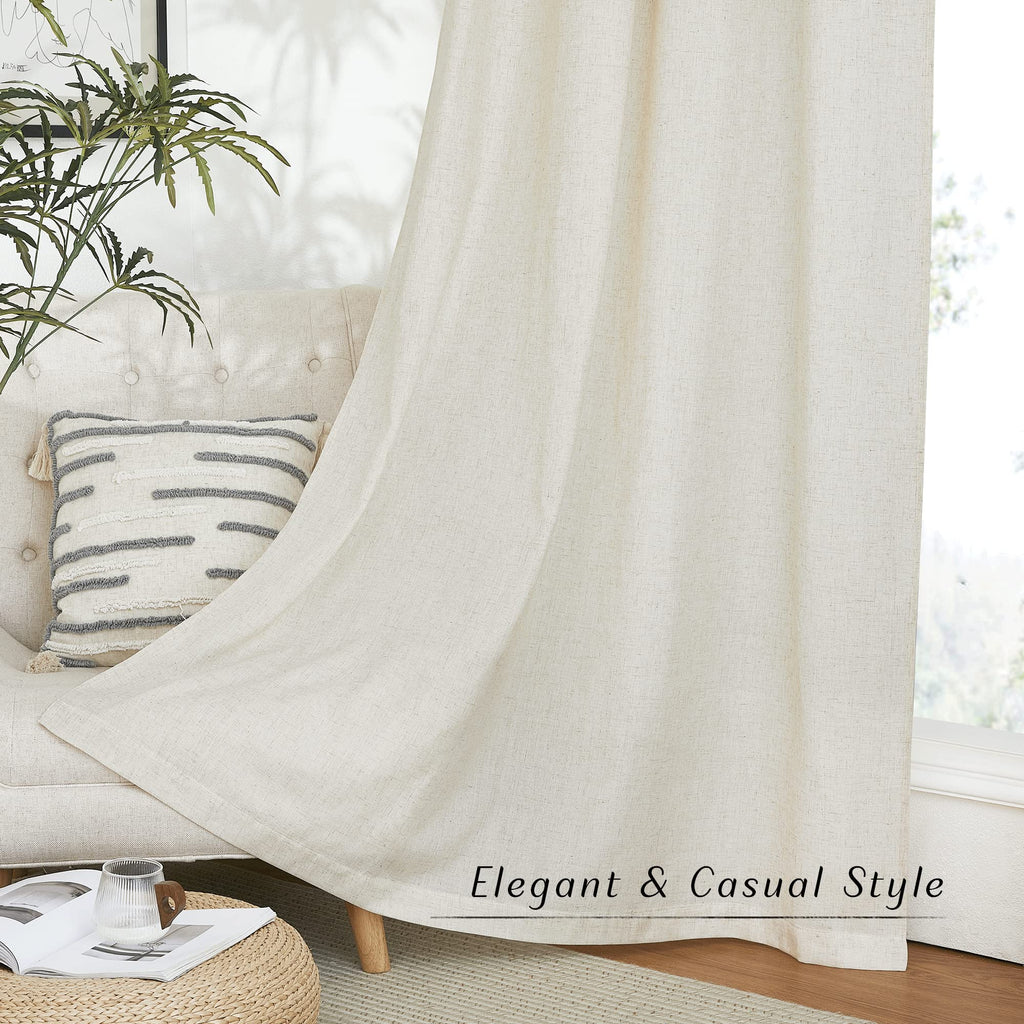 Natural Linen 144 inch Long Curtains, Rod Pocket & Back Tab Thick Flax Privacy Semi Sheer Window Treatments with