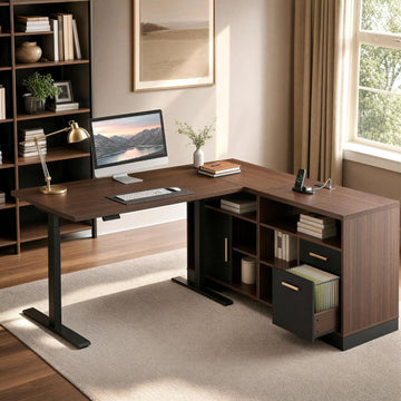 67" L Shaped Standing Desk with File Cabinet, Adjustable Height | One-Piece Electric Executive 1.18" Desk, Built-in