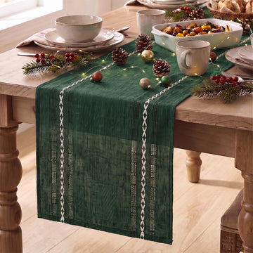Green Embroidered Blend Farmhouse Hollow Table Runner, Seasonal Christmas Rustic Kitchen Dining Table Decoration