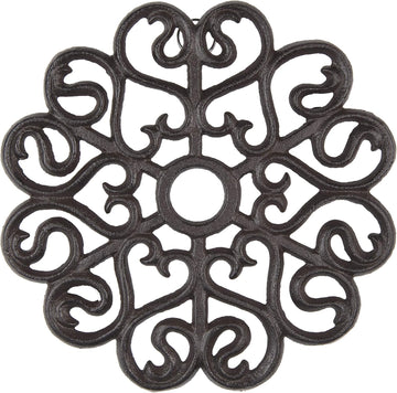 Cast Iron Trivet for Hot Dishes, Pots, and Pans, Metal Trivet, Victorian Design, Rubber Feet Caps, Ring Hanger, 8