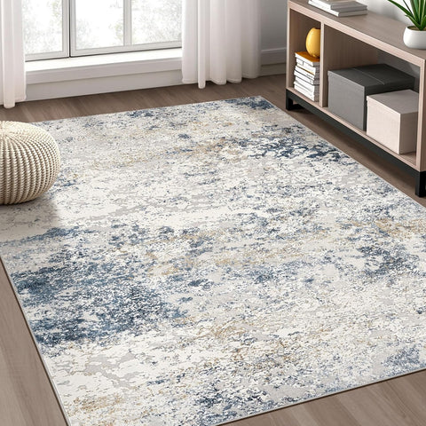 5x7 Washable Abstract Area Rug, Neutral Low Pile Non-Slip Carpet for Bedroom Dining Room