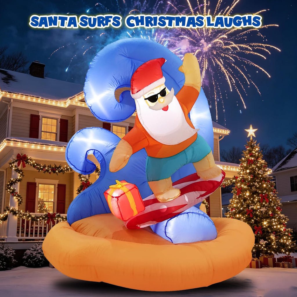Christmas Inflatables Outdoor Santa Claus Surfing, 6FT Inflatable Santa Bulit in Led Lights, Blow up Xmas Yard