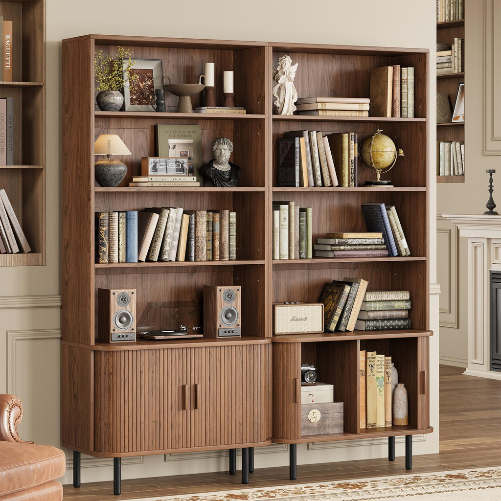 71" Tall Bookshelf with Cabinet, 5 Tier Fluted Bookcase Walnut