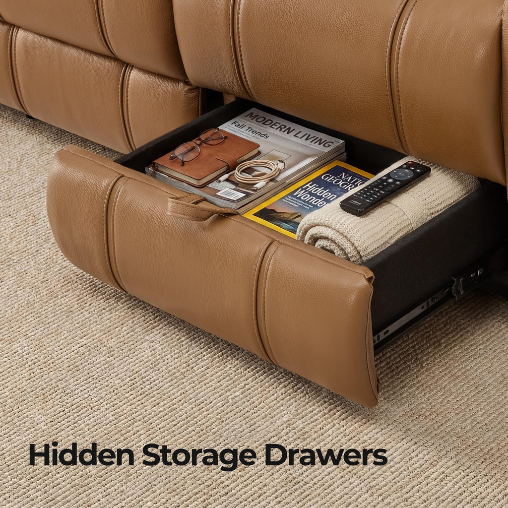 Leather Power Recliner Sofa Wall Hugger, Saddle, 3 Seater