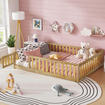 Floor Bed Frame with Fence and Door for Kids, Montessori Floor Bed with Slats and Safety Guardrails, Solid