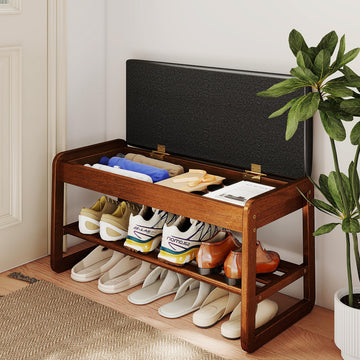 Shoe Rack Bench with Flip-Top Storage, Solid Rubberwood 2-Tier Shoe Organizer with Cushion, Wooden Shoe Stand