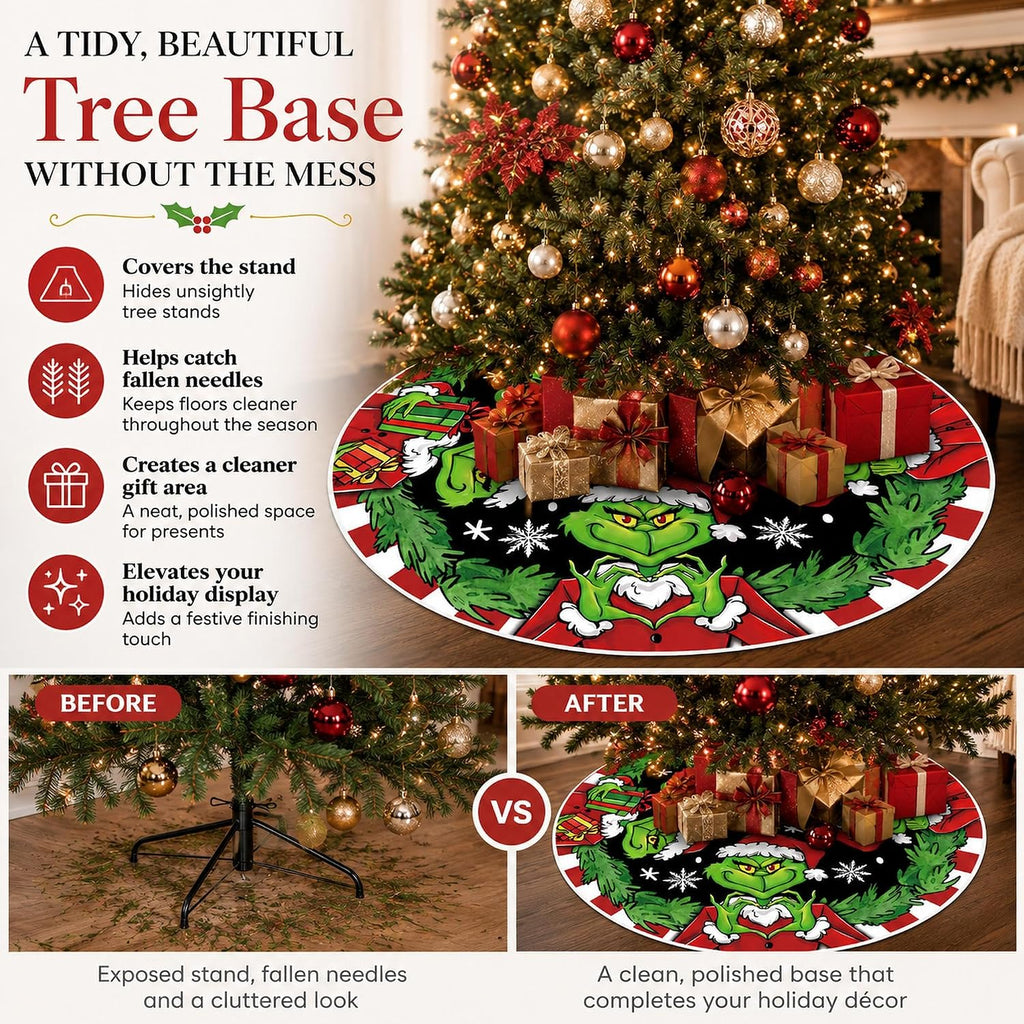 48 Inch Christmas Tree Skirt, Green Character Holiday Tree Skirt with Merry
