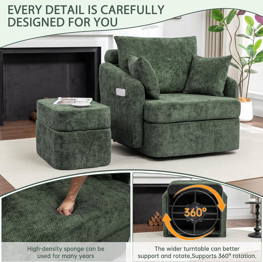 Modern Swivel Lounge Chair and Ottoman — Green Chenille