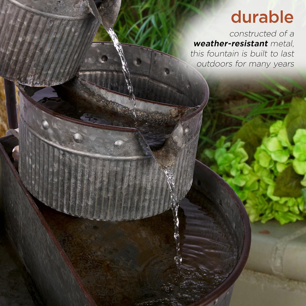 33" Outdoor Floor 3-Tier Vintage Tubs and Planters Fountain, Rustic Metal Cascading Waterfall Feature for Gardens