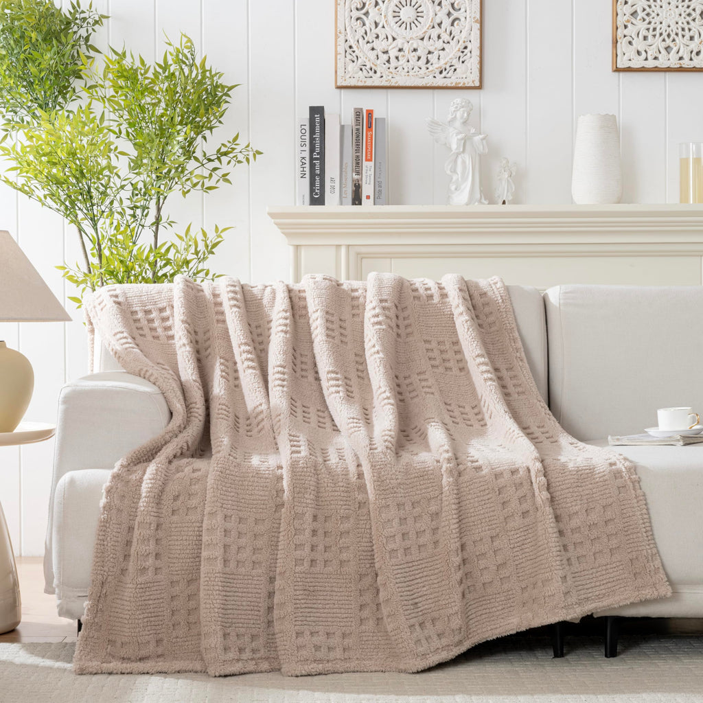 90x90 Inch Brown Waffle Blanket - Soft & Fluffy Fleece, Neutral Tan Color, Cute & Aesthetic, Perfect for Sofa