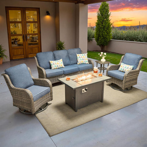 5-Piece Patio Furniture Set with Swivel Chairs Coffee Table, Outdoor Wicker Sofa with 42" Fire Pit Table