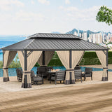 12' x 20' Hardtop Gazebo,Outdoor Aluminum Frame Permanent Pavilion Double Galvanized Steel Roof Pergola with Nettings and Curtains for Patio Lawns Backyard Deck,Brown