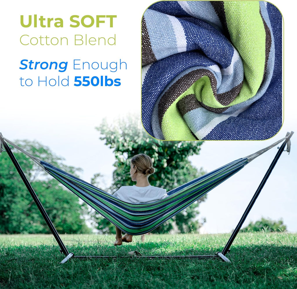 Expressions Double Camping Hammock with Steel Stand & Carrying Bag, Adjustable Height, Ultra Soft Cotton Blend, 550