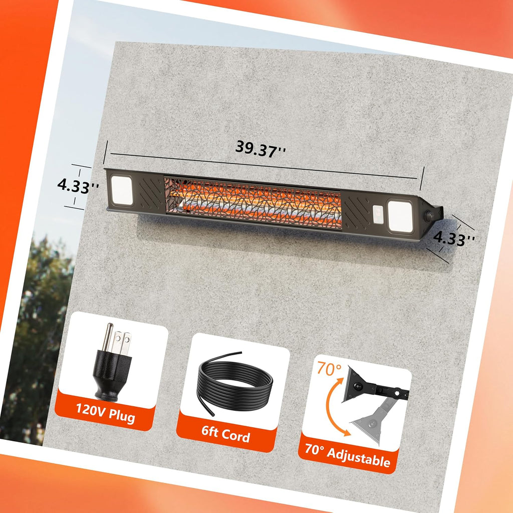 Wall-Mounted Electric Patio Heater with Light Ceiling Outdoor, Wifi Control, 1500W Infrared 9 Heat Levels, 24H