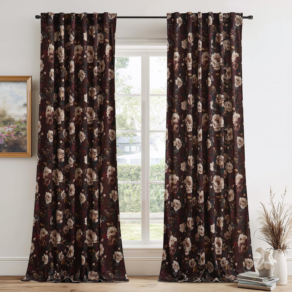 Rust Red Floral Velvet Curtains 84 Inch Long Bedroom Living Room