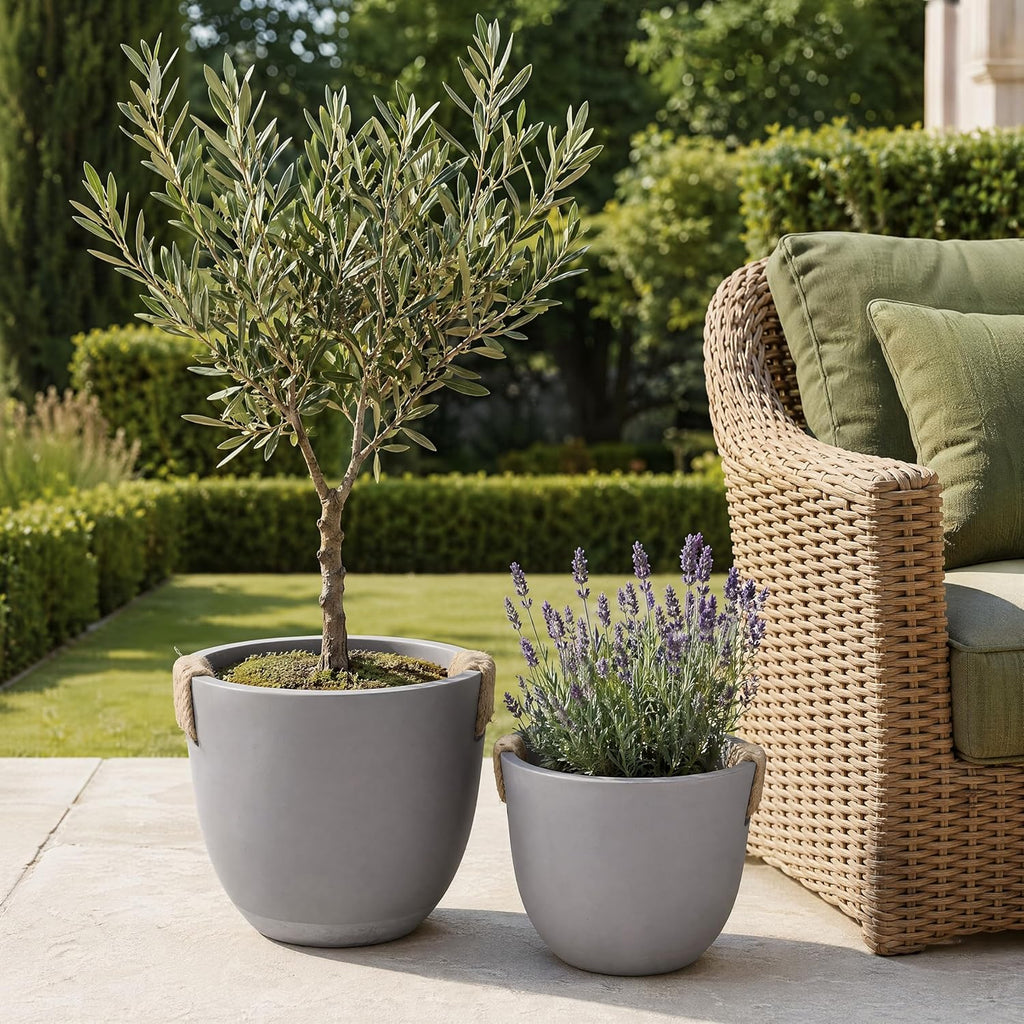 Set of 2 Planter Pots (12.79" & 9.45" ), Lightweight Concrete Look Planters for Indoor Outdoor Plants, Modern Planter
