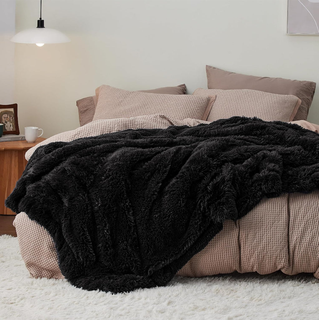 Faux Fur Fluffy Sherpa Fleece King Bed Blanket Black 108"x90" | Fuzzy Plush, Thick Warm, Fall, Comfort Cozy Soft Home