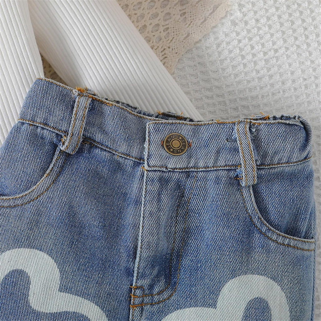 Toddler Girls Clothes 6T Ribbed Baby Kids Girl Denim Outfits Long Sleeve Tops Love Hearts Jeans Pant