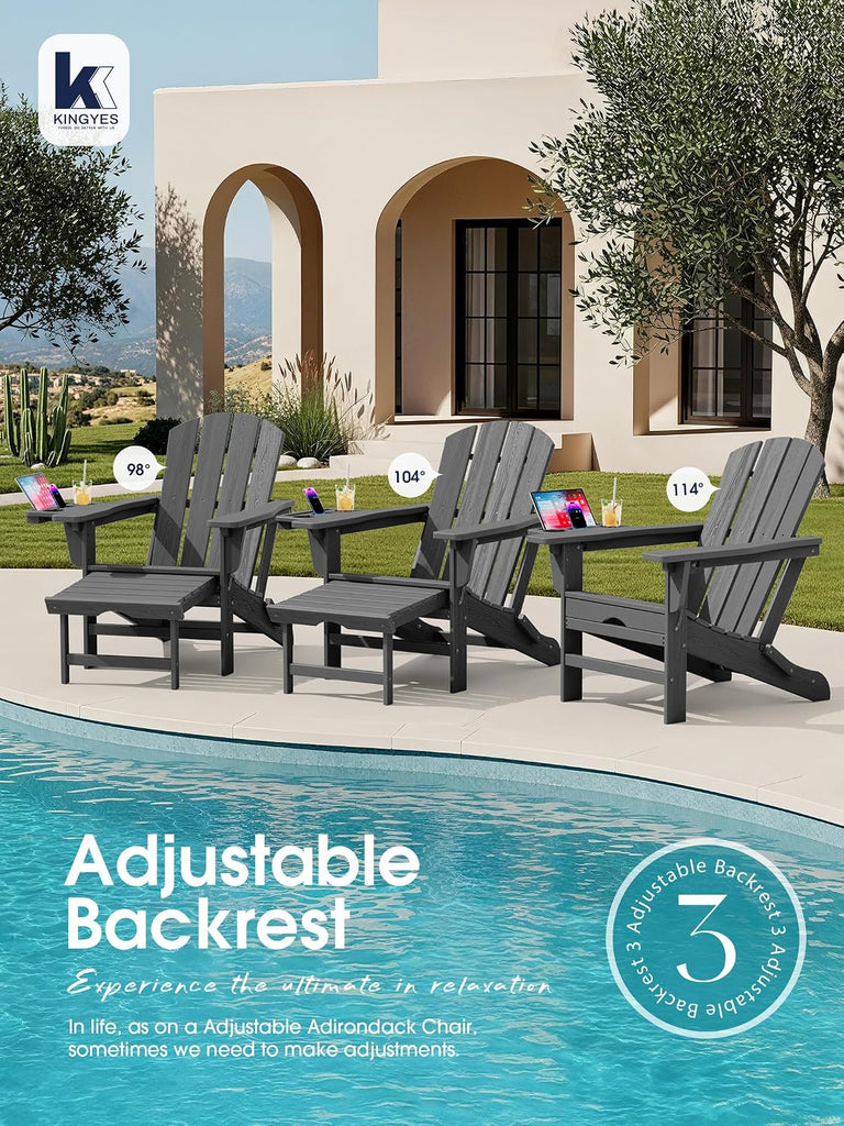 Folding Adjustable Adirondack Chair with Ottoman & 2 Cup Holders Set of 2, HDPE Adirondack Recliner Chair with
