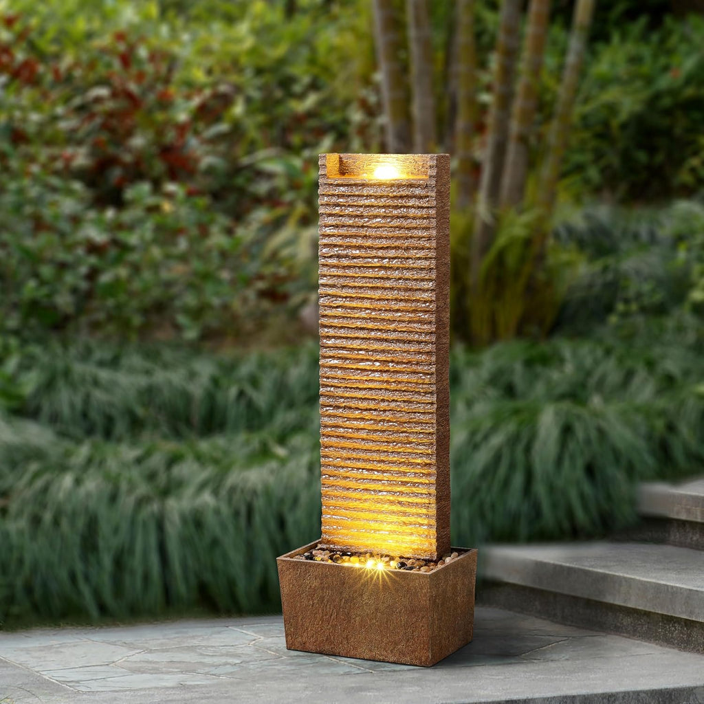 Ridged Texture Outdoor Water Fountain - Warm Glow Lighting with Built-in Electric Pump & Simple Setup, Brown