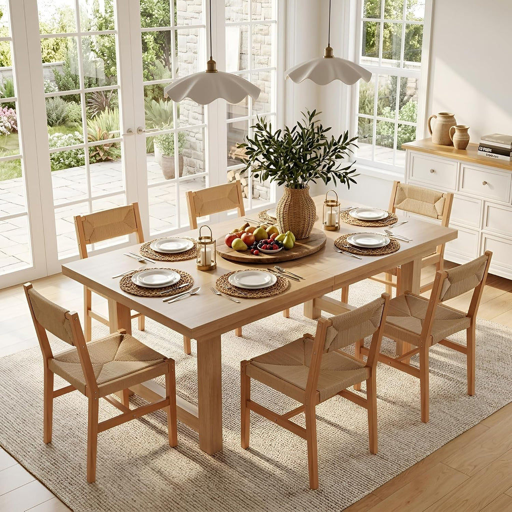 Mid Century Modern Rattan Dining Chairs Set of 6, Natural Beechwood Kitchen Chairs Farmhouse Woven Dining Room Chairs