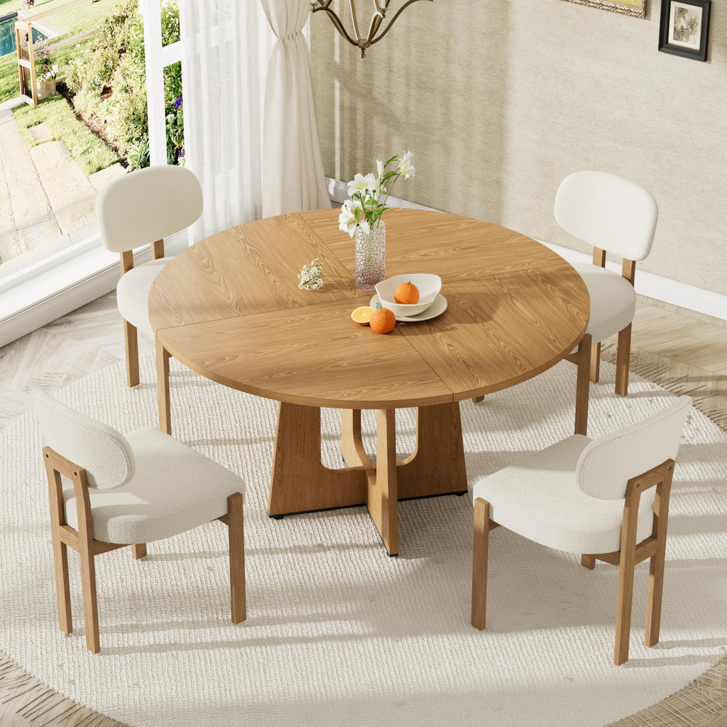 Modern 5-Piece Dining Table Set with 4 Chairs, Oak Round MDF Dining Table, Beige Fabric Upholstered Chairs with