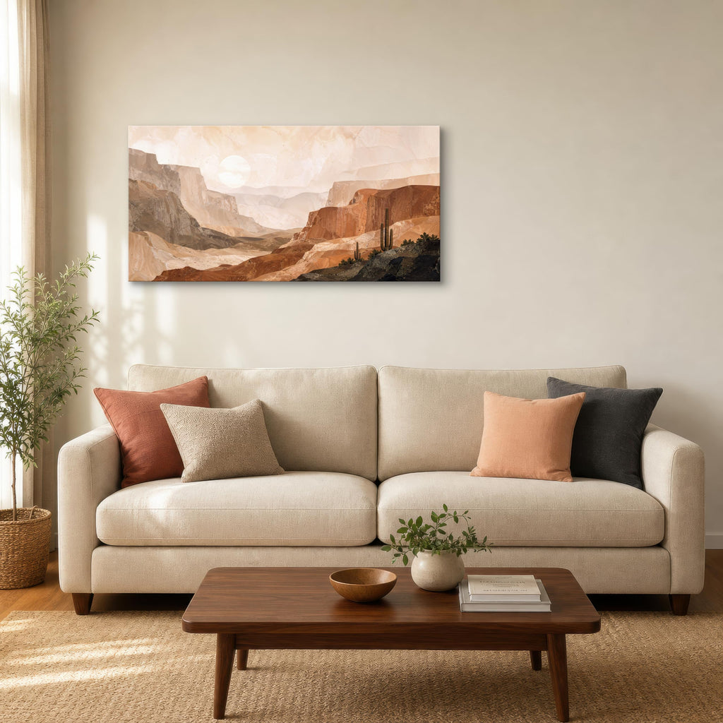 Desert Canvas Wall Art, 40 x 20 Inch Warm Southwest Cactus Landscape Print, Terracotta Neutral Horizontal Wall Decor