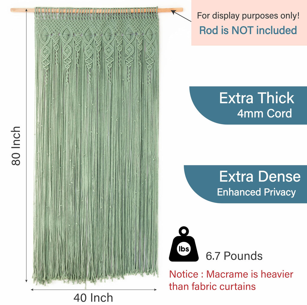 Premium 4mm Thick Extra Dense Macrame Door Curtain - Handcrafted Sage Green Boho Bohemian Curtain for Doorways - No