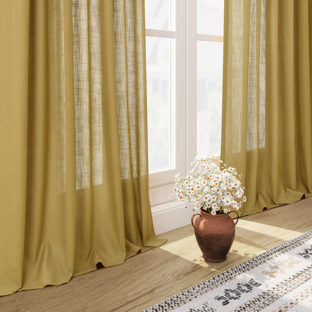 Gold Linen Curtains 84 Inch Length 2 Panels Set Rod Pocket Back Tab Light Filtering Window Drapes Dining Room Protect