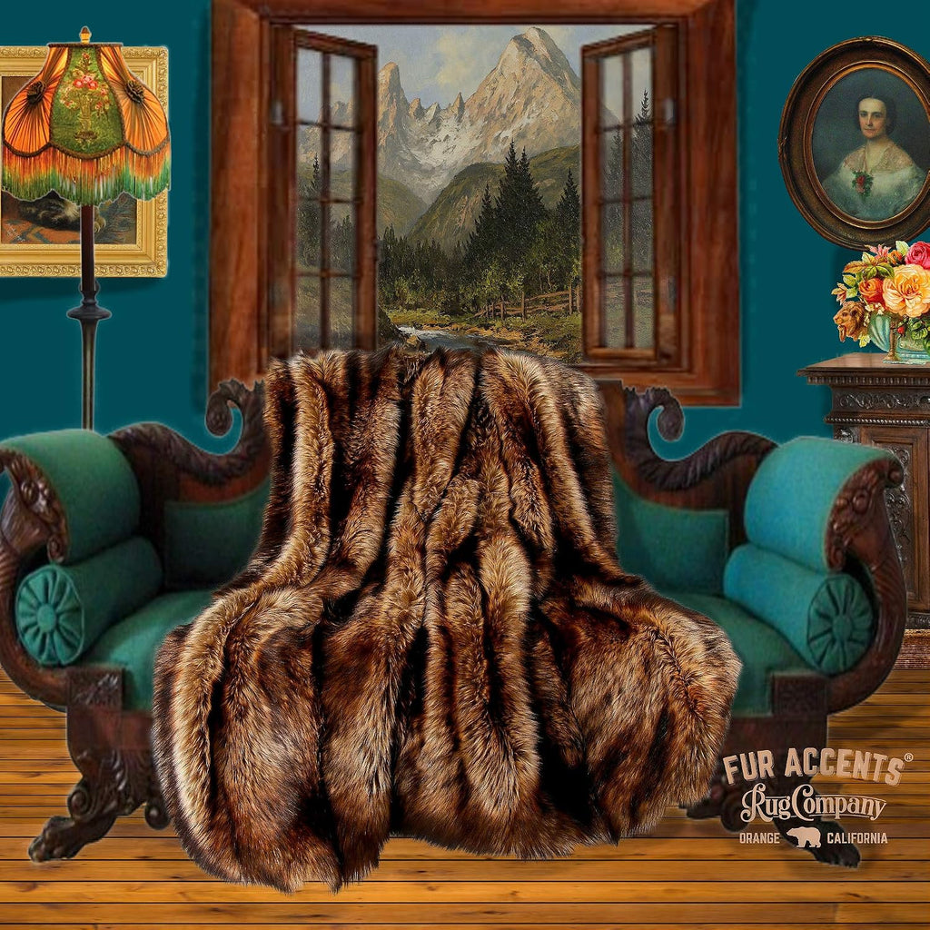 Plush Throw - Luxurious Pieced Fur Blanket - Golden Brown Wolf - Premium Quality Faux Fur - Designer Throw Blanket