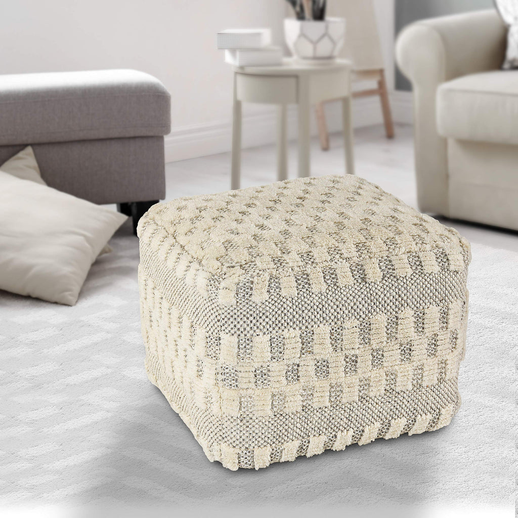 LR Home Cream Tufted Checkered Geometric Pouf