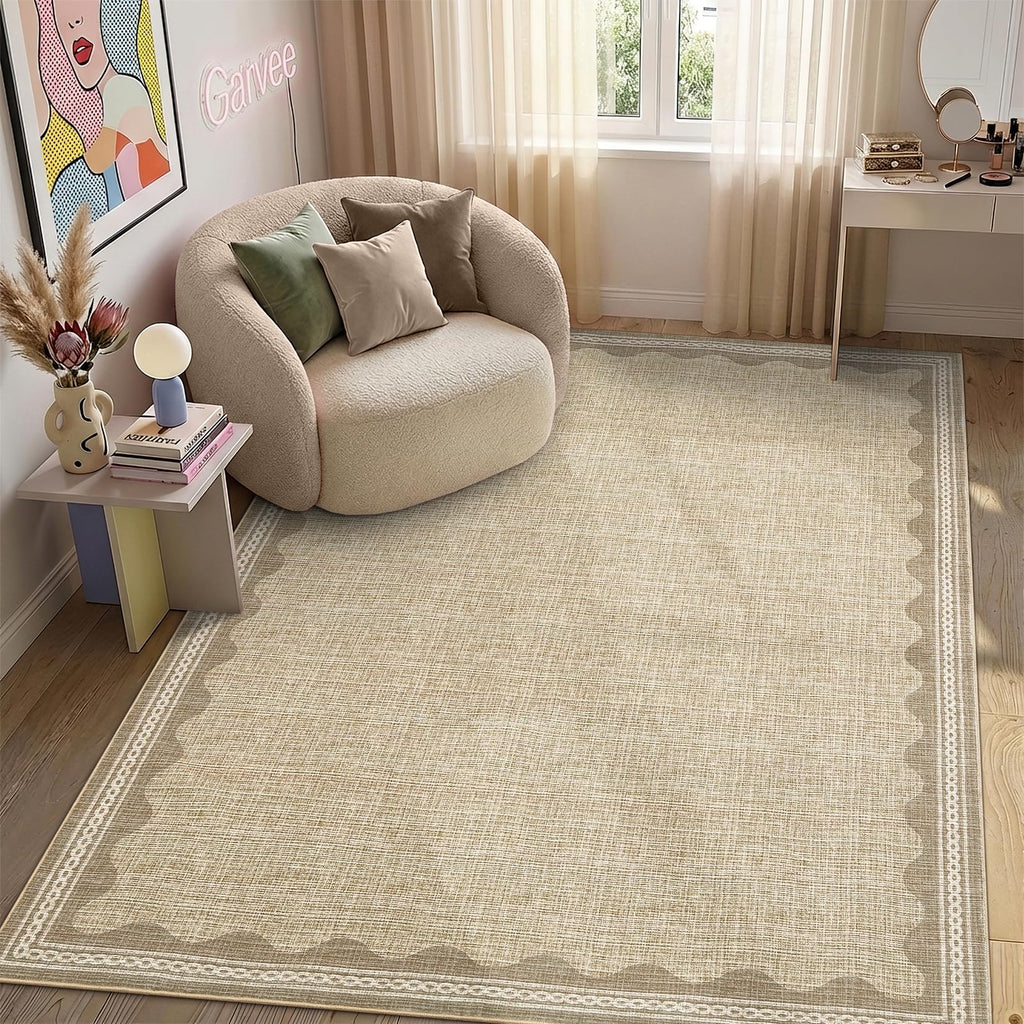 Scalloped 3x5 Rug Washable Non-Slip Low-Pile Indoor Rugs Solid Tan Jute Digital Printing Modern Carpet Bedroom Living