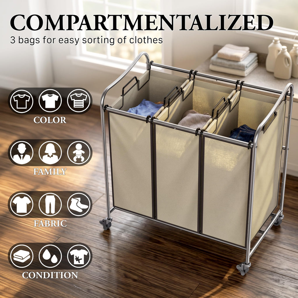 Heavy Duty 3-Bag Laundry Sorter Rolling Cart, Chrome