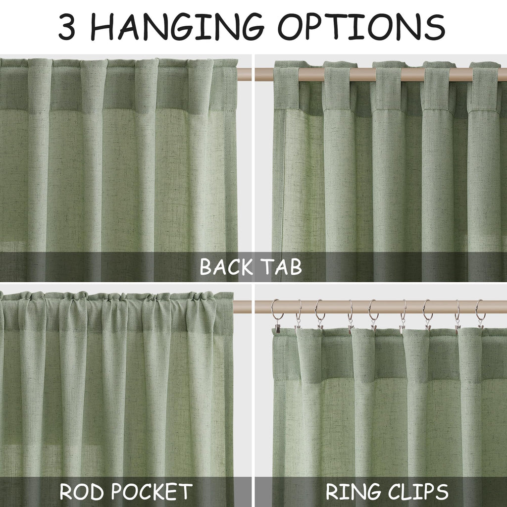 Extra Long Light Sage Linen Curtains 120 Inch 2 Panels Set Rod Pocket Back Tab Soft Linen Window Drapes Semi Sheer