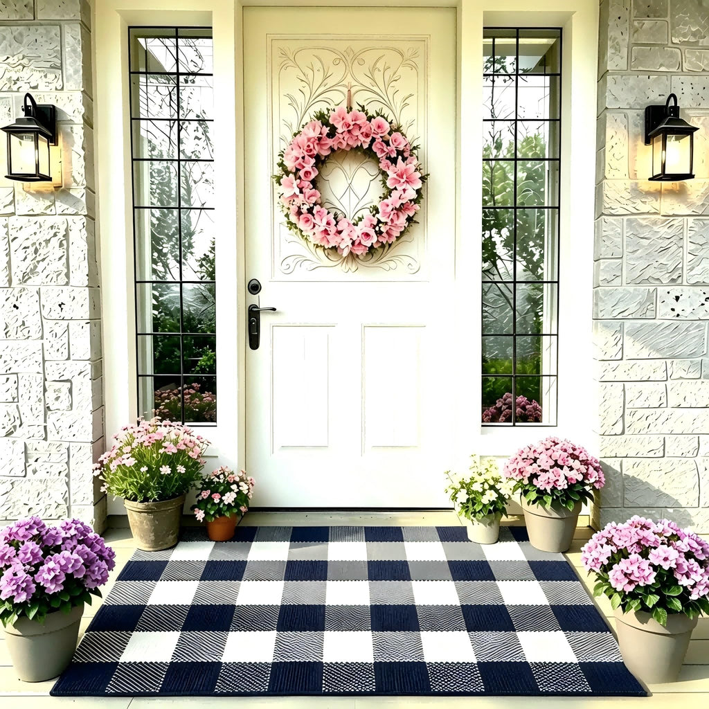 Navy Blue and White Buffalo Plaid Rug 2'4'' x 3'7'', Washable Farmhouse Non-Slip Checkered Doormat, Indoor Outdoor