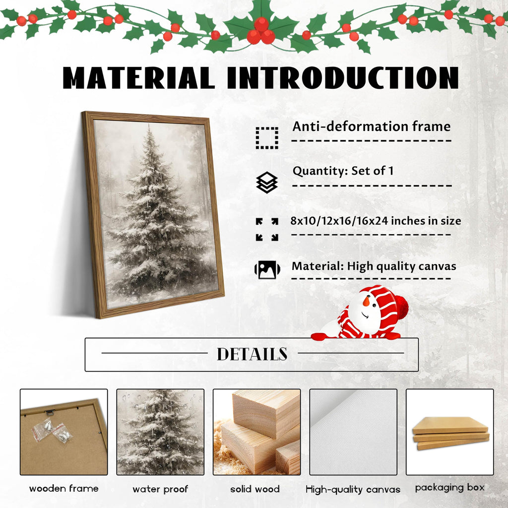 Framed Vintage Christmas Tree Wall Art, Rustic Farmhouse Pine Tree Canvas Wall Decor Paintings, Winter Snowy